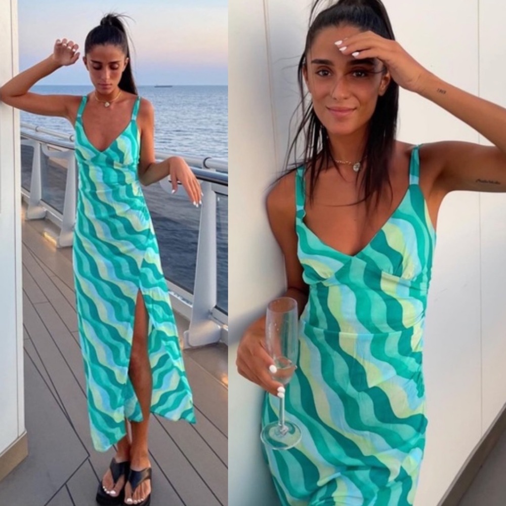 NWT, Zara Wave Print V-Neck Midi Dress Front Slit Retro Mod 70s Green